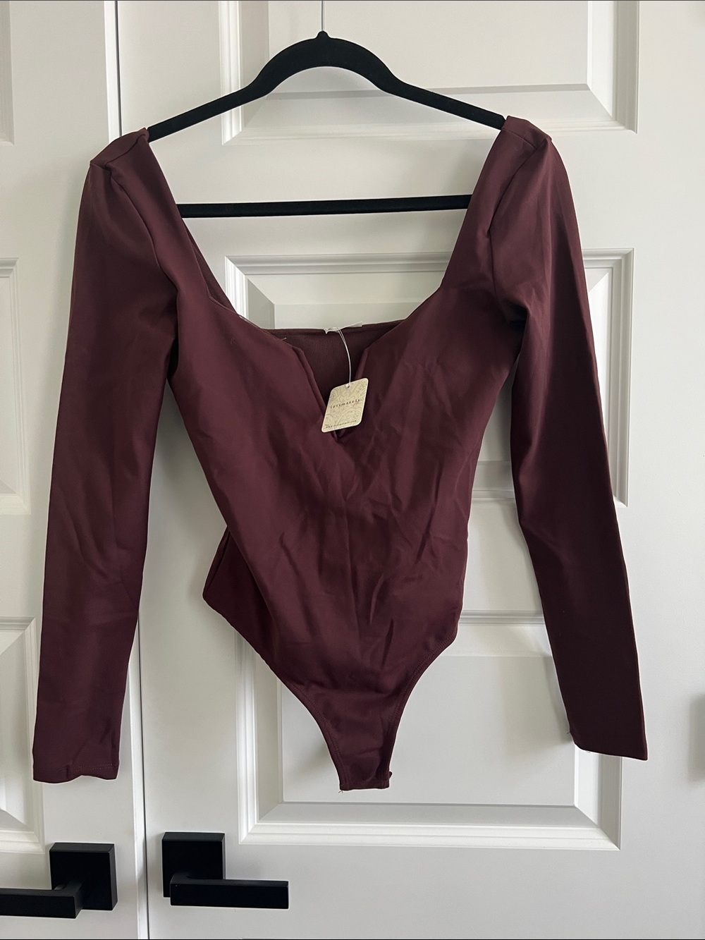 Free People Long Sleeve Deep V Bodysuit in Burgundy